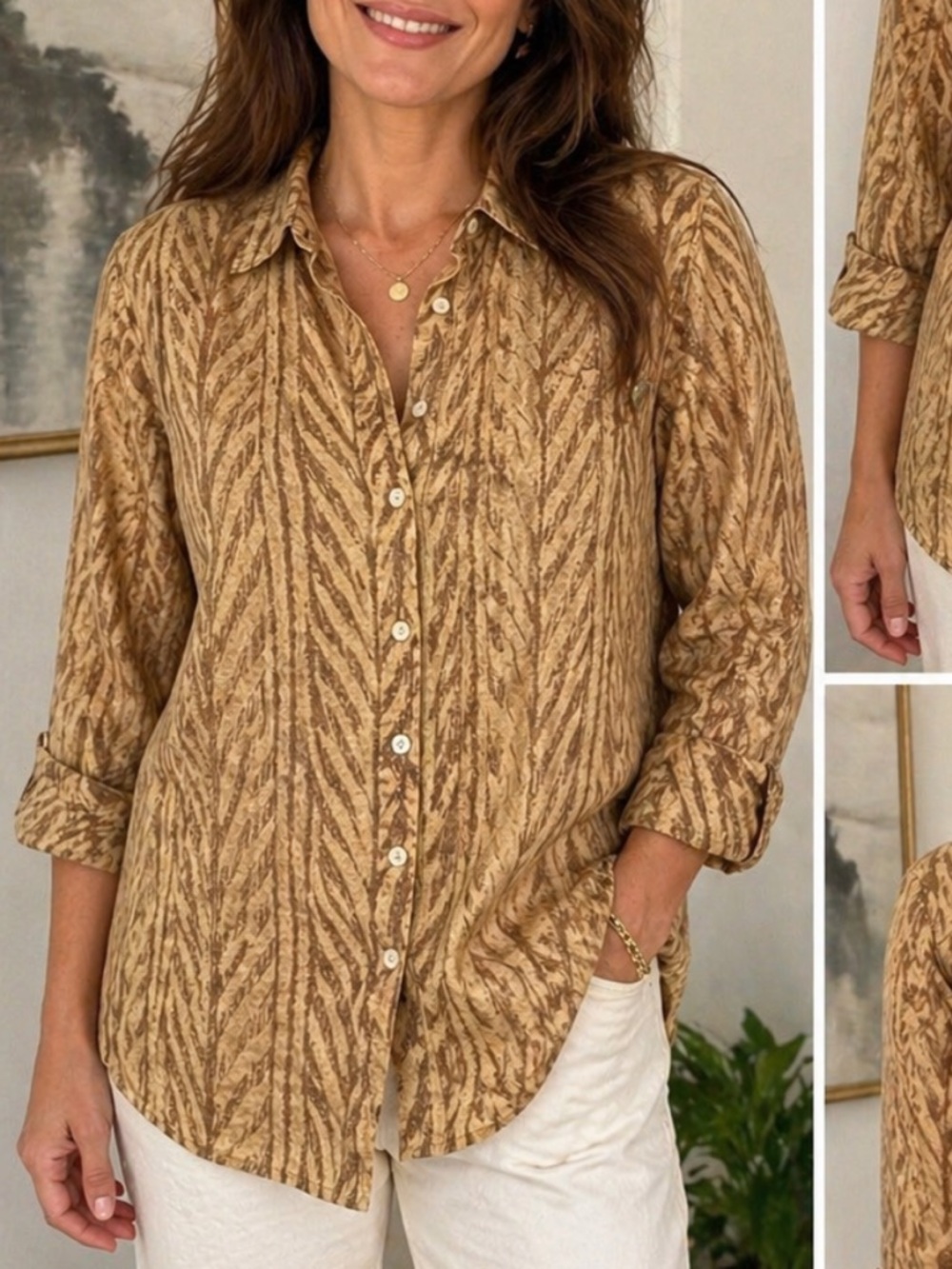 Lauren Ralph Lauren 100% Linen Animal Print Button Front Shirt 1X Brown Zebra